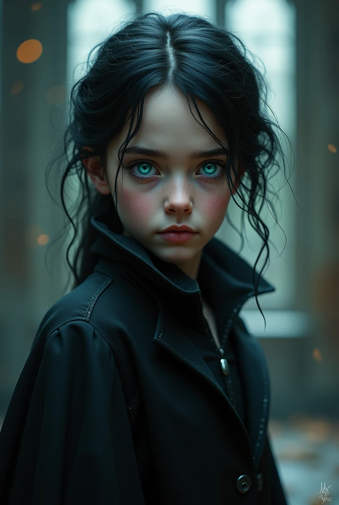 A child blue eyes black hair villain beauty fair skin hair big standing Slytherin ia realistic