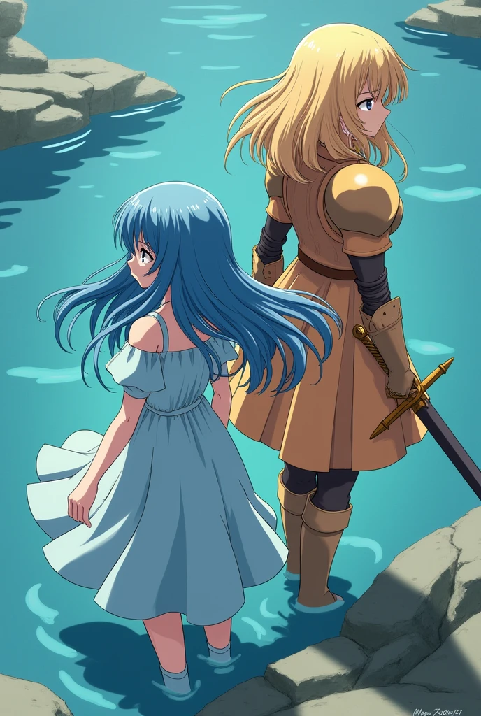 2 girls, one is fucked up the other is fucked up,the first one to let herself into the water, another one stands with a big sword, anime, dress, beauties, the first girl with blue hair, the second one and golden hair, первая в голубом нежном dress, the second one in light orange armor, stand with their backs to each other
