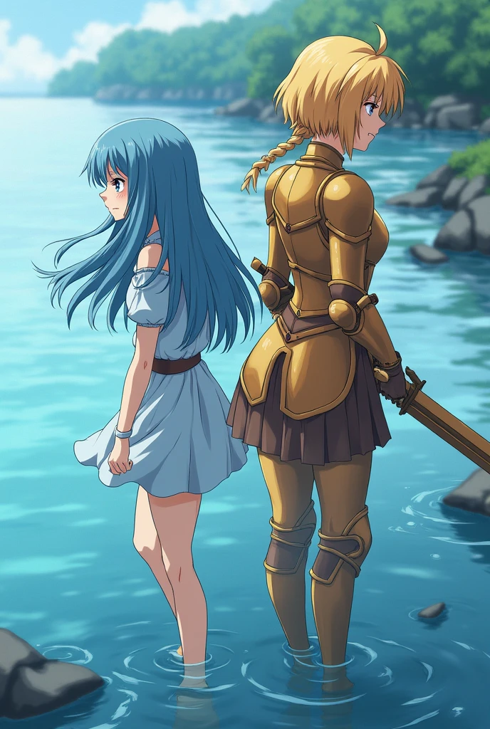 2 girls, one is fucked up the other is fucked up,the first one to let herself into the water, another one stands with a big sword, anime, dress, beauties, the first girl with blue hair, the second one and golden hair, первая в голубом нежном dress, the second one in light orange armor, stand with their backs to each other