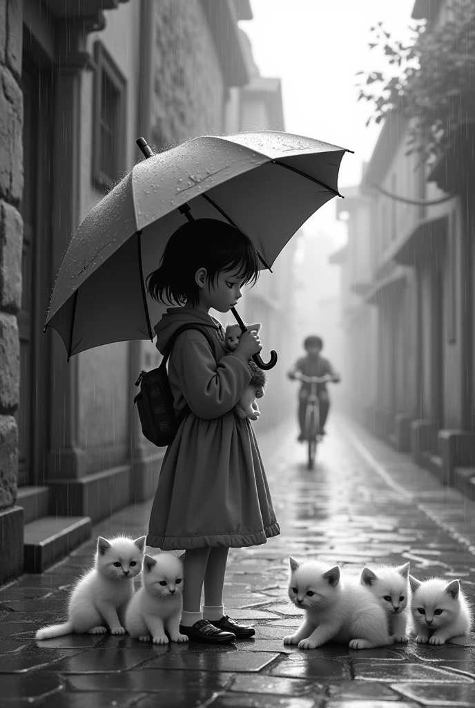 Create a heartwarming, grayscale scene set on a rainy day in a quiet, cobblestone alley. The central figure is a young girl holding an umbrella, shielding herself and a small kitten in her arms from the rain. At her feet, several more kittens huddle together, some looking up at her, while others sit patiently, seemingly trusting in her care. The rain falls gently, creating a soft, reflective surface on the ground, and the background features an old stone building, adding a sense of timelessness. A person rides a bicycle in the distance, adding a subtle touch of life to the peaceful, almost nostalgic atmosphere of the scene."
This prompt captures the touching and serene mood of the image.
Is this conversation helpful so far?
ChatGPT can make mistakes. Check important inf