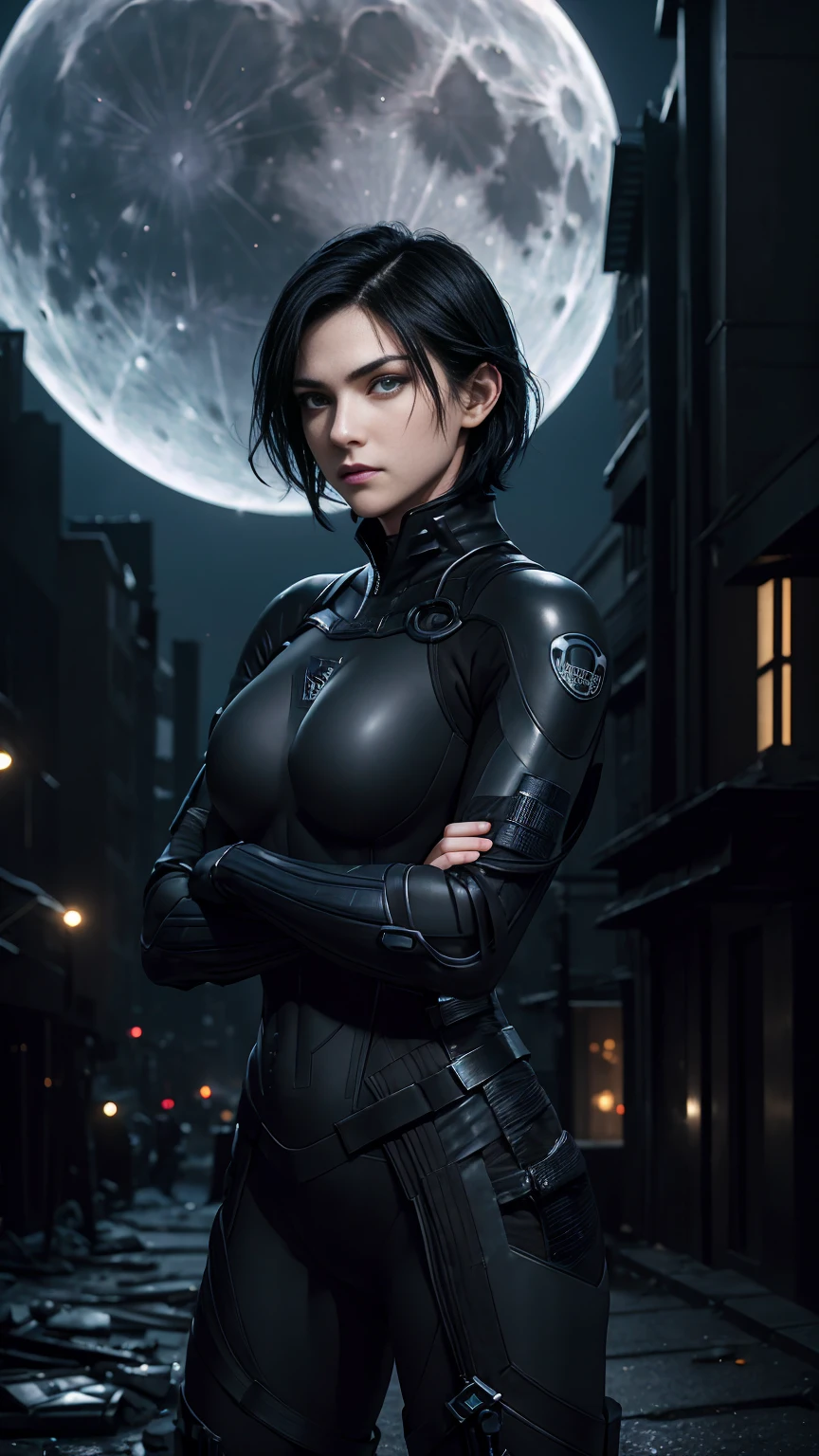 (A Gorgeous 30 Years Old British Female Vampire Mercenary), (Messy Short Wolfcut Black Hair:1.4), (Pale Skin:1.2), (Blue Eyes), (Wearing Black Tight Infiltration Suit:1.6), (Moonlit City Buildings at Night:1.4), (Crossed Arms Pose:1.4), Centered, (Half Body Shot:1.4), (From Front Shot:1.4), Insane Details, Intricate Face Detail, Intricate Hand Details, Cinematic Shot and Lighting, Realistic and Vibrant Colors, Sharp Focus, Ultra Detailed, Realistic Images, Depth of Field, Incredibly Realistic Environment and Scene, Master Composition and Cinematography