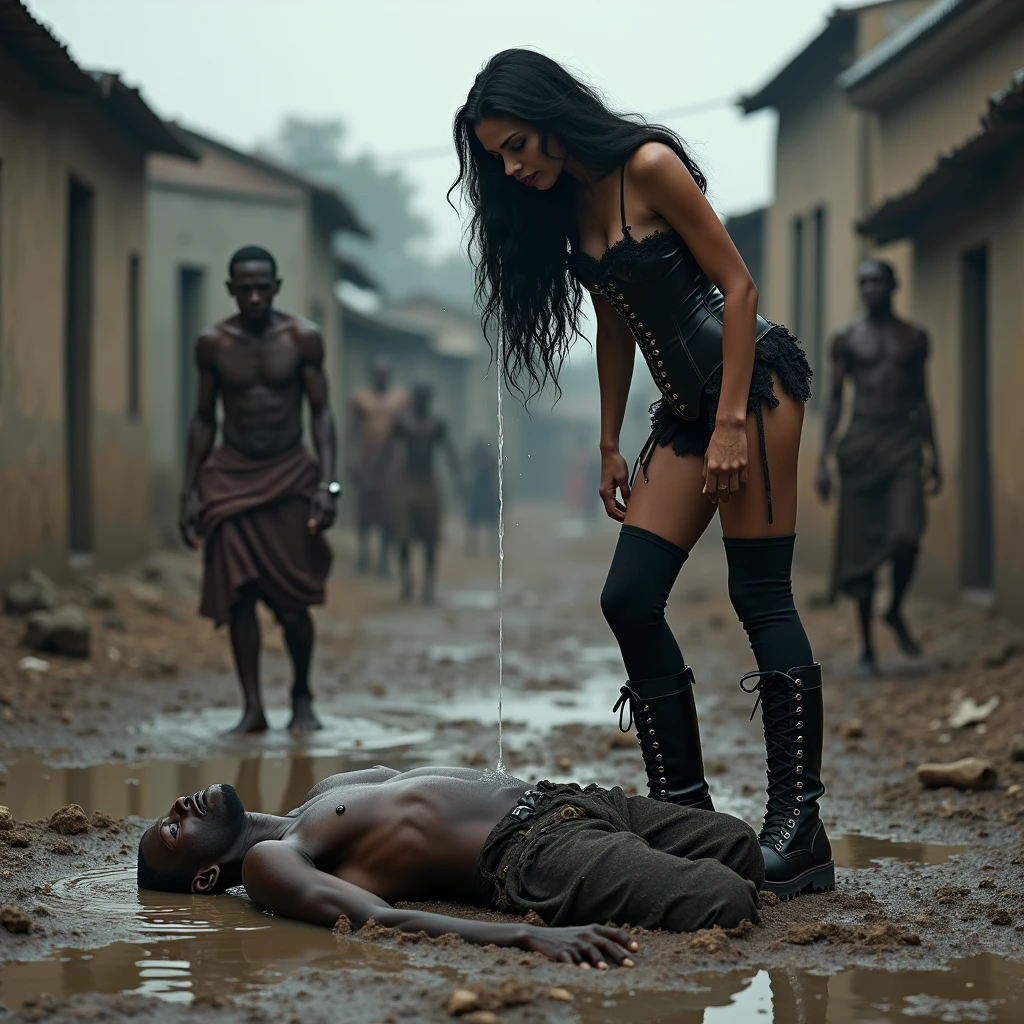 A thin, malnourished African man, lying face down, drinks dirty water from a muddy puddle. a famous, elegant, arrogant and mean white woman, dressed in a gothic corset, black wavy hair, thigh high socks, conbat boots, stands on top of the African man and spits into the puddle to humiliate the man. There is spit hanging off the woman's mouth. The man cries and in the background you can see beggars suffering.