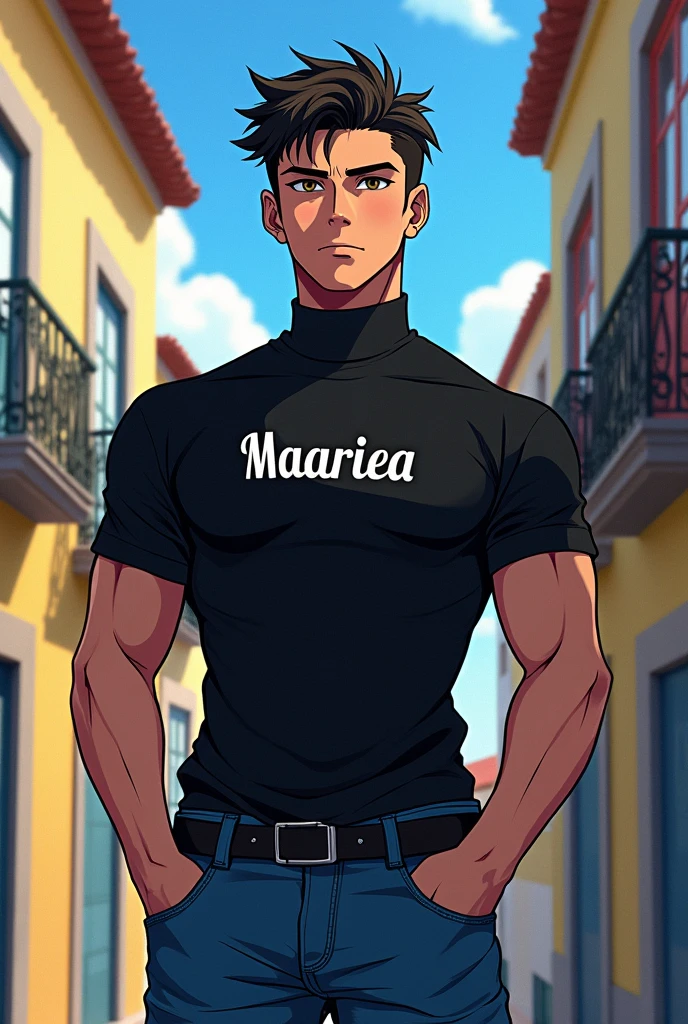 Male character black turtleneck shirt with married name on the shirt blue jeans in Portuguese anime theme