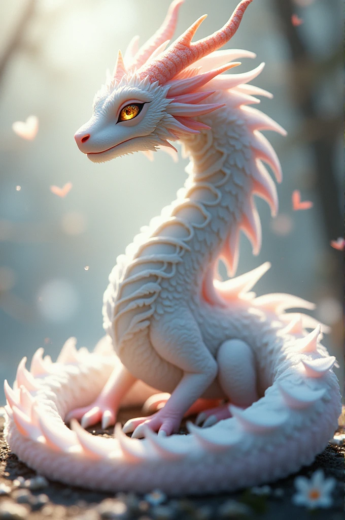 :Long dragon
:white 
:female 
:Golden yellow eyes 
:Full body hair 
:White dragon with pink tips 
:Beautiful and elegant