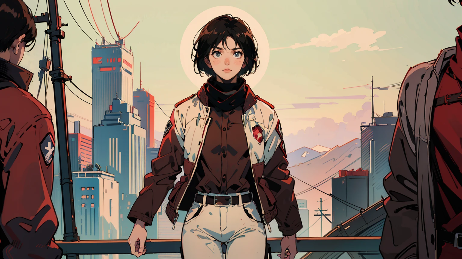 masterpiece, best quality, detailed, ((official style)), (((mikasa_ackerman, solo))), /Shingeki no Kyojin/, short hair, black eyes, scarf, emblem, belt, thigh strap, red scarf, white pants, brown jacket, long sleeves, cowboy shot.