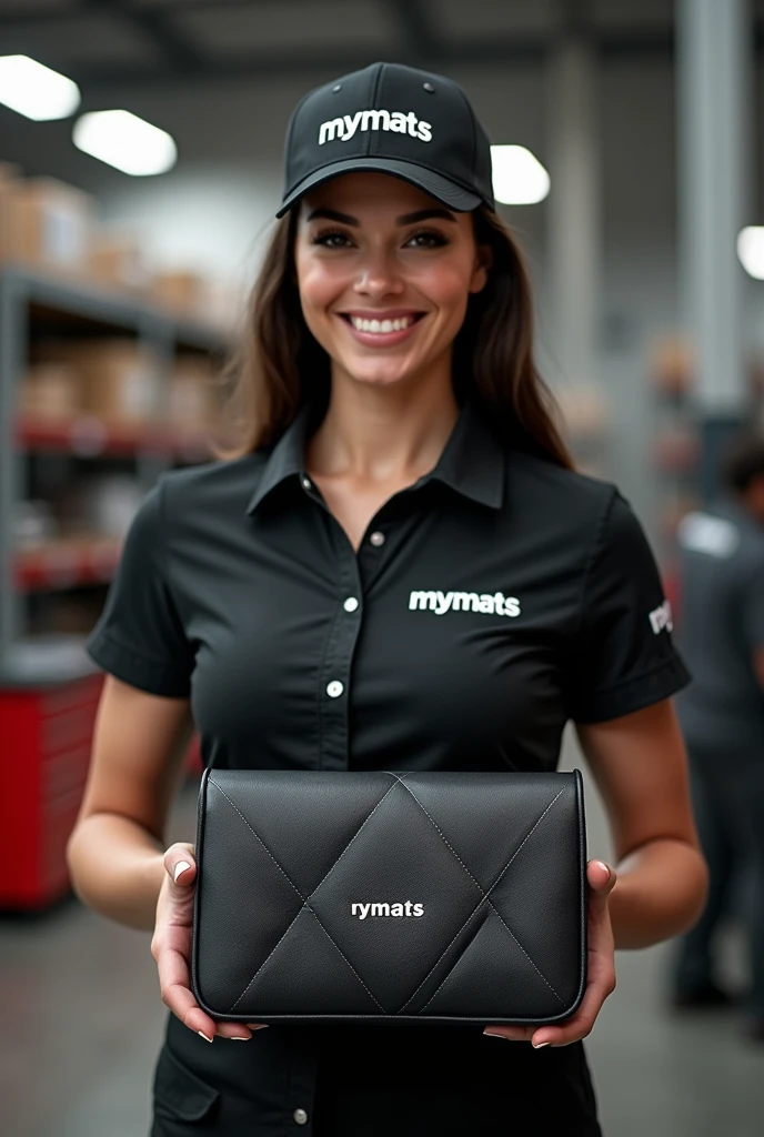 A hyper-realistic image of a beautiful young woman with a model-like appearance and a stunning figure, standing confidently in a professional automotive service center. She is wearing a branded uniform consisting of a jumpsuit, cap, and T-shirt. Both the jumpsuit and cap are emblazoned with the "MYMATS" logo. The woman is holding and showcasing an automotive organizer to the camera. The organizer is made of high-quality black eco-leather, measuring 50 cm in width, 30 cm in length, and 30 cm in height. It features precise diamond stitching in gray thread, with each diamond measuring 7 by 4 cm. The word "MYMATS" is elegantly embroidered in white thread on the organizer using a minimalist font. Behind her, the blurred background reveals a warehouse with shelves displaying other company products, adding depth and context to the scene