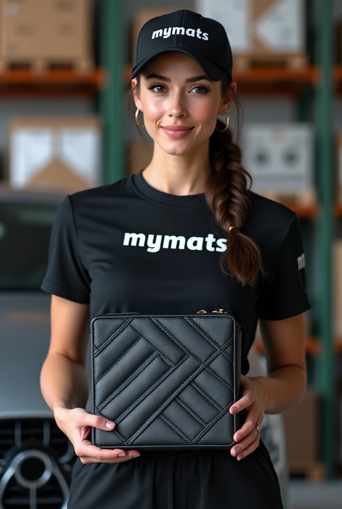 A hyper-realistic image of a beautiful young woman with a model-like appearance and a stunning figure, standing confidently in a professional automotive service center. She is wearing a branded uniform consisting of a jumpsuit, cap, and T-shirt. Both the jumpsuit and cap are emblazoned with the "MYMATS" logo. The woman is holding and showcasing an automotive organizer to the camera. The organizer is made of high-quality black eco-leather, measuring 50 cm in width, 30 cm in length, and 30 cm in height. It features precise diamond stitching in gray thread, with each diamond measuring 7 by 4 cm. The word "MYMATS" is elegantly embroidered in white thread on the organizer using a minimalist font. Behind her, the blurred background reveals a warehouse with shelves displaying other company products, adding depth and context to the scene