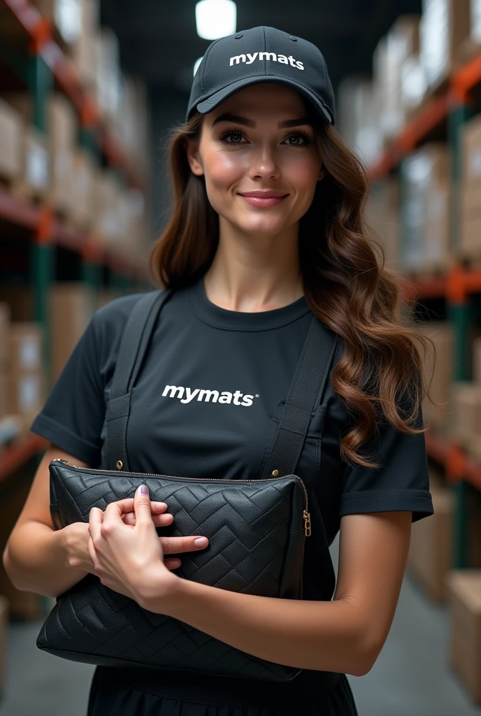A hyper-realistic image of a beautiful young woman with a model-like appearance and a stunning figure, standing confidently in a professional automotive service center. She is wearing a branded uniform consisting of a jumpsuit, cap, and T-shirt. Both the jumpsuit and cap are emblazoned with the "MYMATS" logo. The woman is holding and showcasing an automotive organizer to the camera. The organizer is made of high-quality black eco-leather, measuring 50 cm in width, 30 cm in length, and 30 cm in height. It features precise diamond stitching in gray thread, with each diamond measuring 7 by 4 cm. The word "MYMATS" is elegantly embroidered in white thread on the organizer using a minimalist font. Behind her, the blurred background reveals a warehouse with shelves displaying other company products, adding depth and context to the scene