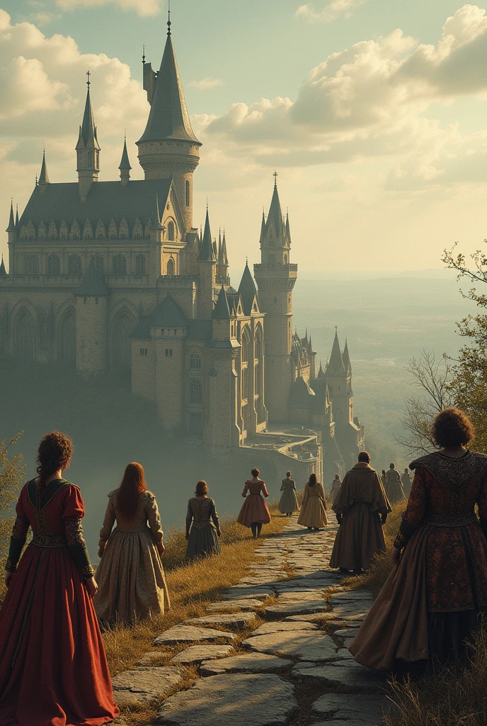 landscape with castles, churches and people dressed in ancient costumes, horizontally.