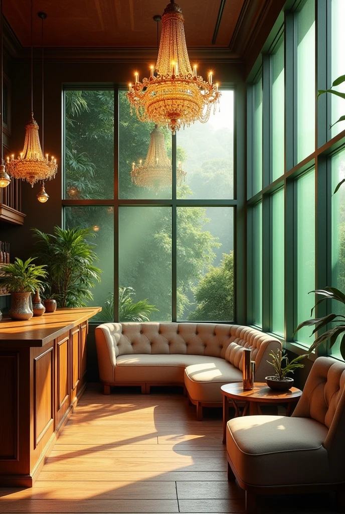 There is a café with sofas, surface, and a chandelier, Large green glass window, Unreal Engine photorealistic rendering, Unreal Engine photorealistic rendering style, Lounge Background, HDR Rendering in Unreal Engine 5, Unreal Engine 5 Rendering, Movie Rendering Unreal Engine, Unreal Engine is highly rendered, Many large green windows, highly realistic unreal engine, Large Windows, Unreal Engine Rendering