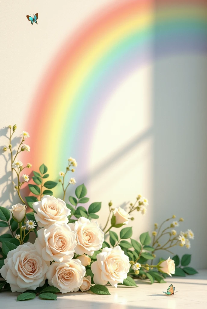 White Roses flower on wall with butterfly and rainbow 