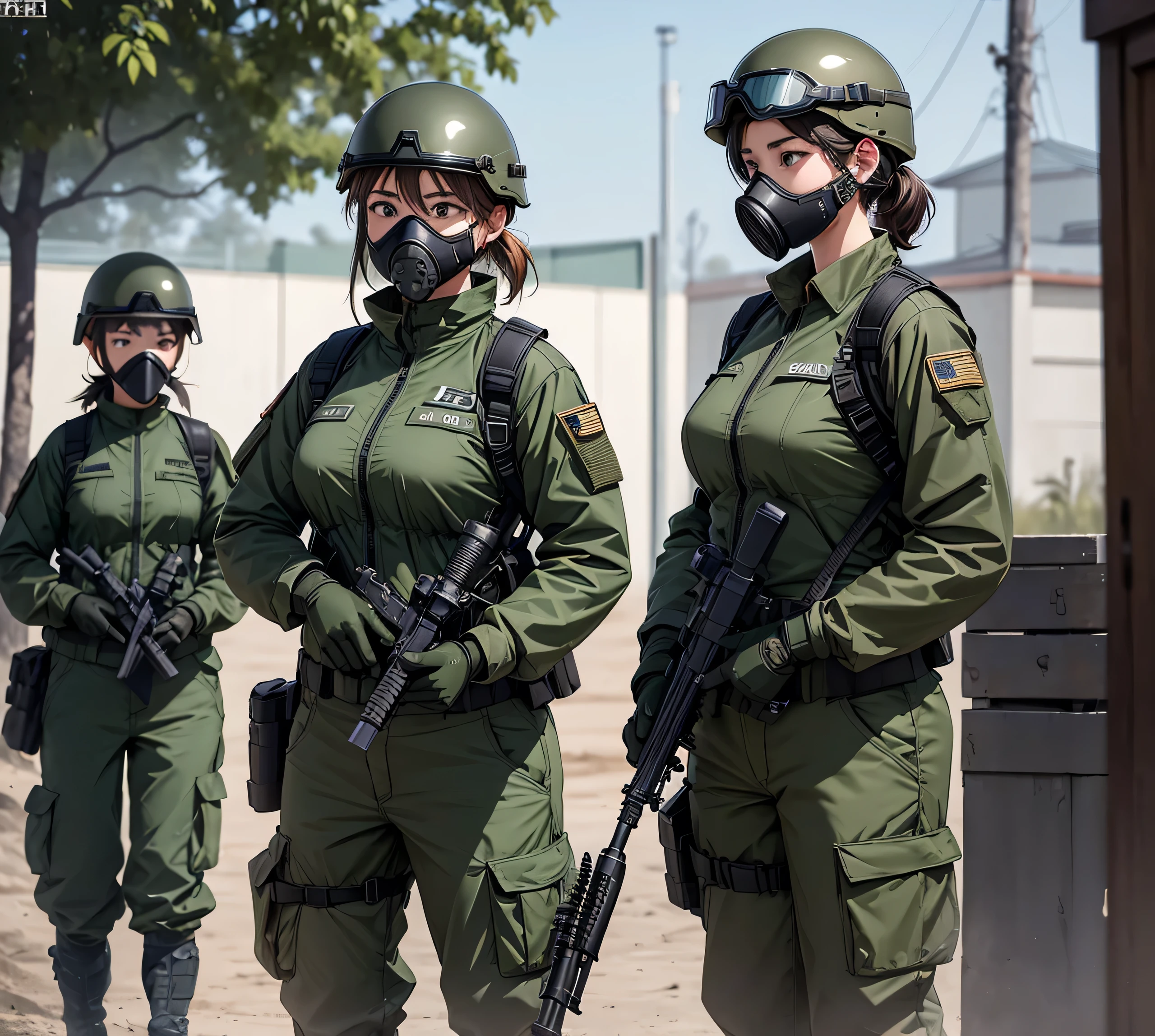 A group of female special forces soldiers wearing dark green M-51 military uniforms、Put on a helmet、Wear goggles、wearing gas masks、Standing side by side、Write details、masterpiece、best quality、Highly detailed CG、8K picture quality