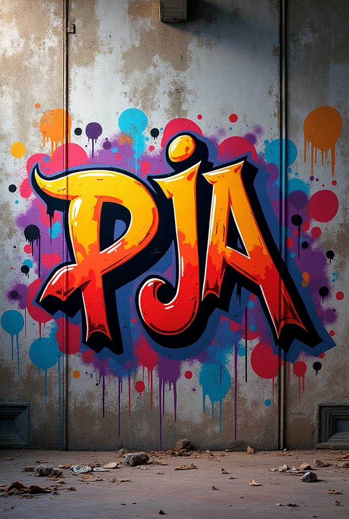 creates an image of a wall graffitied with graffiti that says “PJA” in capital letters in a street style
