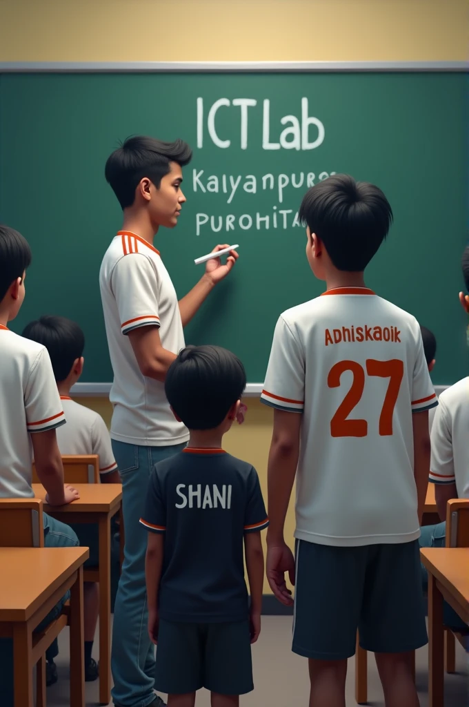 A computer room and a 27year old teacher in white jearsy teaching on board and sit down student in white jearsy black paint,the board write word ICT Lab kalyanpura purohitan and teacher jearsy write word back side Abhishek sharma and a student stand up near teacher in black jearsy and jearsy name write word shani