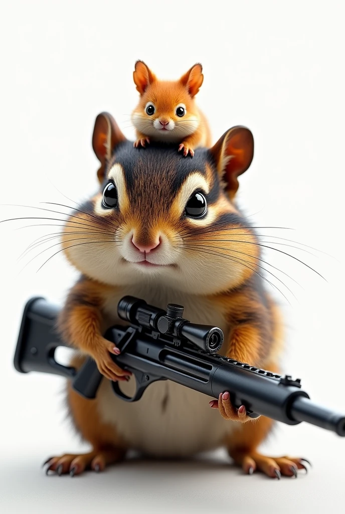 (masterpiece, best quality, ultra detailed, 8k, photorealistic, hyperrealistic photo), A chipmunk is riding with a gun, ((A tiny Yuzu is sitting on the chipmunk's head)), (The chipmunk has three lines of dark hair on its head.), Background is white,