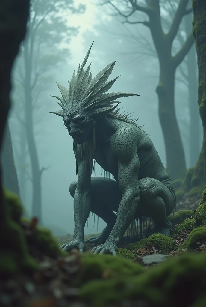 Generate a highly detailed and atmospheric scene of a mystical forest create crouching in a misty woodland setting. Creature has an otherworldly appearance, with itricate body pant resembling cracked earth, and wears elaborate feathered adornments including a headdress made of dark and light. With sharp, angular features and instance, almost hunting eyes. the environment around is dense with fog,with tall tress and a moody, ethereaal ambiance, emphasizing the creatures connection to the mystical forest