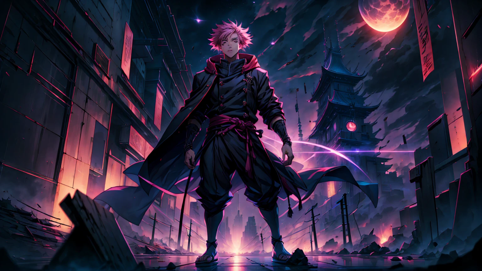 1 , full body shot shot, 173 cm, perfect hands, perfect toes, Itadori yuuji, black leagwear, pink hair, look up to the sky, ssmile, red and dark moon city night background, wall-paper, cinematic,High resolution 8K, Bright light illumination, Lens flare, sharpening, work of art, Maximum quality, Ultra high definition, high resolution, extremely details CG, anime styling, Cinematic portrait photography,work of art,hyperdetail