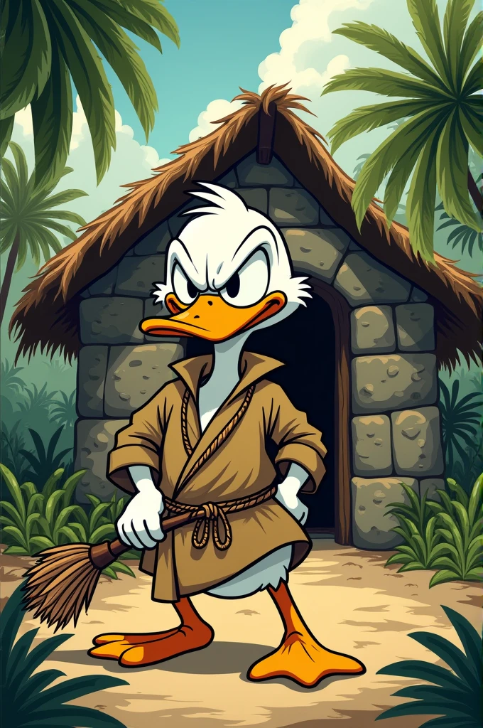 Create a detailed cartoon image in a vintage, adventure style. The scene features an anthropomorphic duck with an expressive face, wearing a simple, worn-out robe with a rope belt. The duck is standing in front of a small rustic hut made of stone and wood, with a thatched roof, set in a jungle environment. The duck is holding a broom or staff, looking determined and slightly angry. The art style should have bold, well-defined outlines and exaggerated features, reminiscent of classic comic book illustrations.
