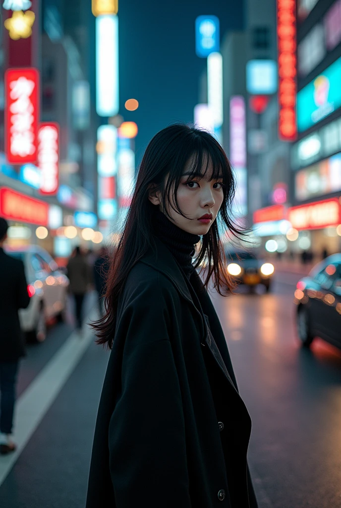 Motion blur is a fascinating time-lapse photograph that captures the bleakness of a bustling, vibrant metropolis. The cityscape is a swirl of movement and vibrant color. The focal point is a beautiful young Japanese woman with gothic features, her silky mid-length hair blowing in the wind, standing in the street. Everything else seems to be stationary except for her, the cars and people are depicted in rapid motion. Her striking presence contrasts with the chaotic background of people scurrying about, their movement blurring the surrounding cityscape. The overall atmosphere is dynamic, with the play of light and shadow creating depth and texture, reflecting the fast rhythm of city life.