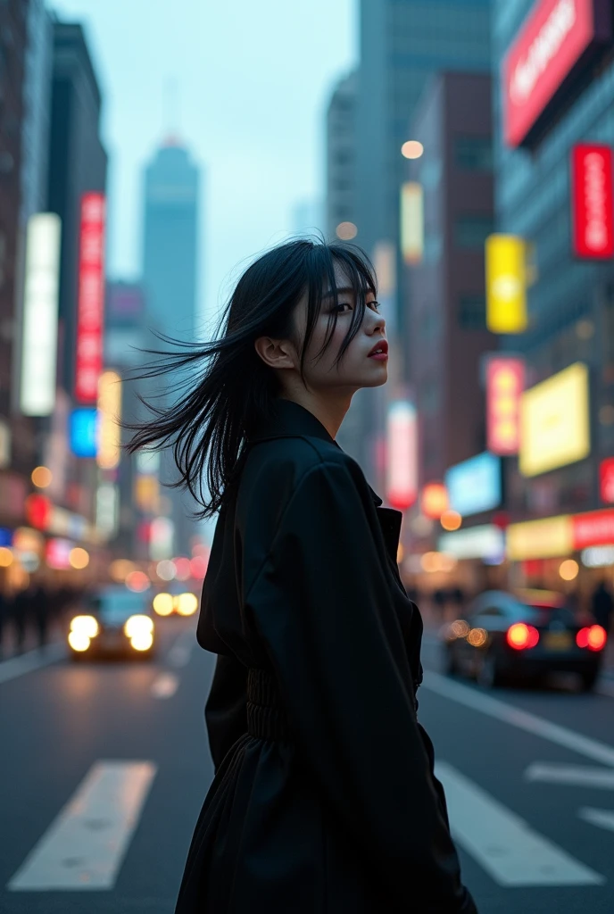 Motion blur is a fascinating time-lapse photograph that captures the bleakness of a bustling, vibrant metropolis. The cityscape is a swirl of movement and vibrant color. The focal point is a beautiful young Japanese woman with gothic features, her silky mid-length hair blowing in the wind, standing in the street. Everything else seems to be stationary except for her, the cars and people are depicted in rapid motion. Her striking presence contrasts with the chaotic background of people scurrying about, their movement blurring the surrounding cityscape. The overall atmosphere is dynamic, with the play of light and shadow creating depth and texture, reflecting the fast rhythm of city life.