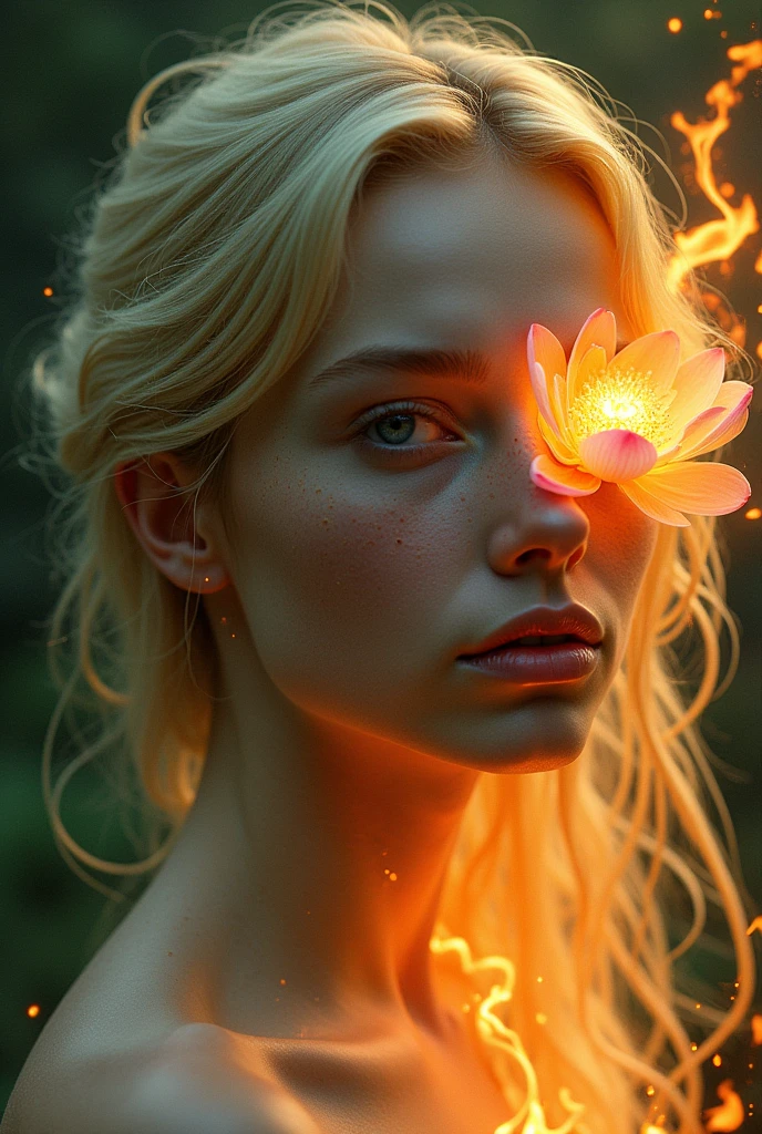 Blonde girl, middle angle, profile from the neck up. Flames come out of her neck that turn into plant roots around her face and a lotus flower is created around her eye.