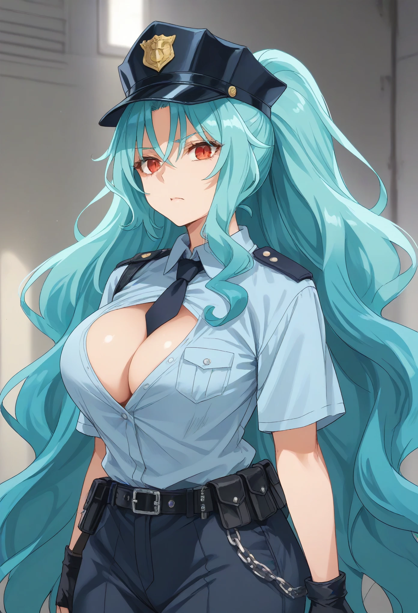 long hair aqua hair ponytail red eyes,slit pupils,big breast,police,policewoman,police uniform,police hat