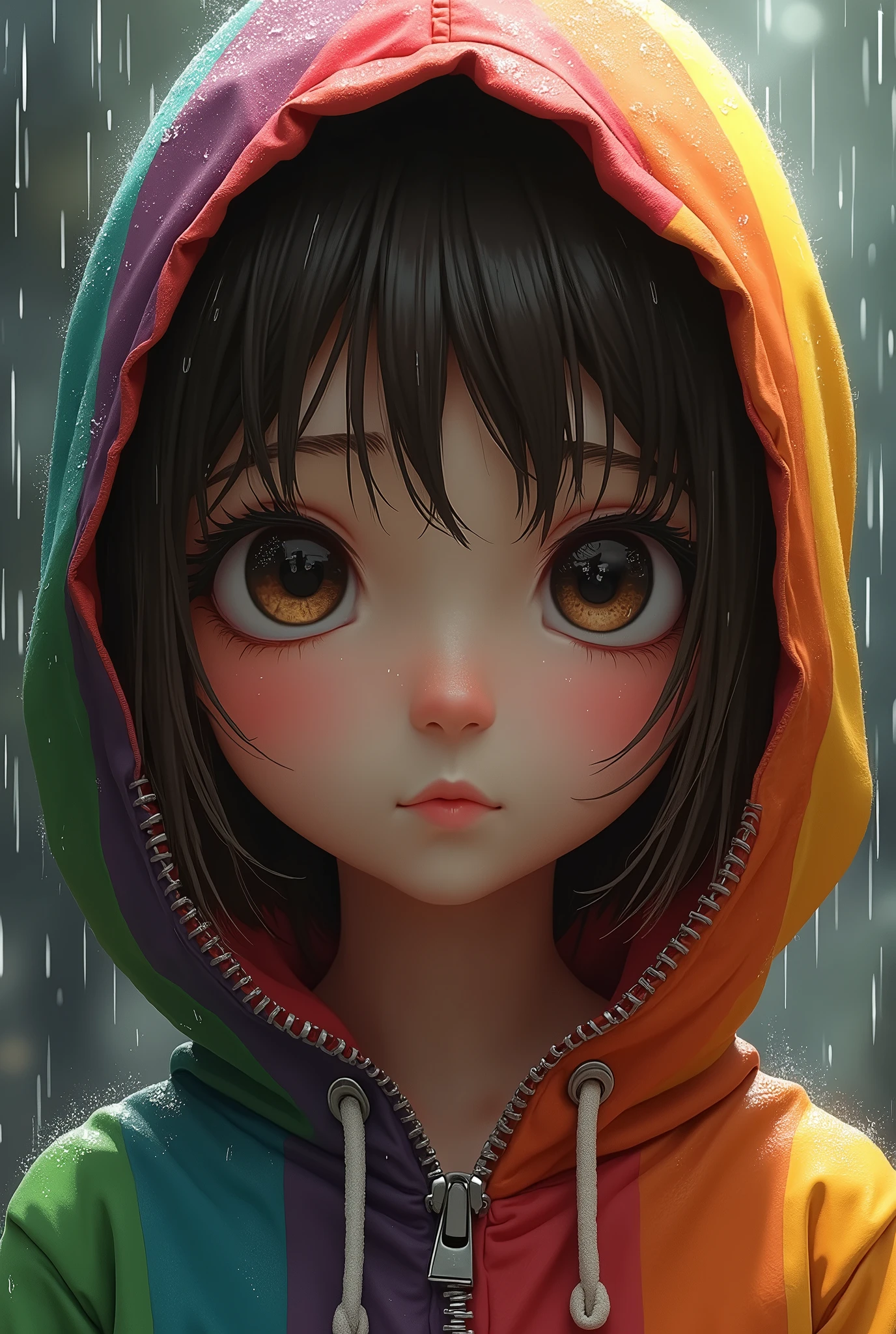 A close-up of a young girl with large, expressive eyes. She has a colorful rainbow-themed hoodie on, which is wet from rain, as evidenced by the water droplets on it. The hoodie is zipped up, and the girl's face is partially obscured by it. The background appears to be rainy, with droplets visible all around. The girl's hair is a mix of brown and green, and she has a neutral expression on her face.