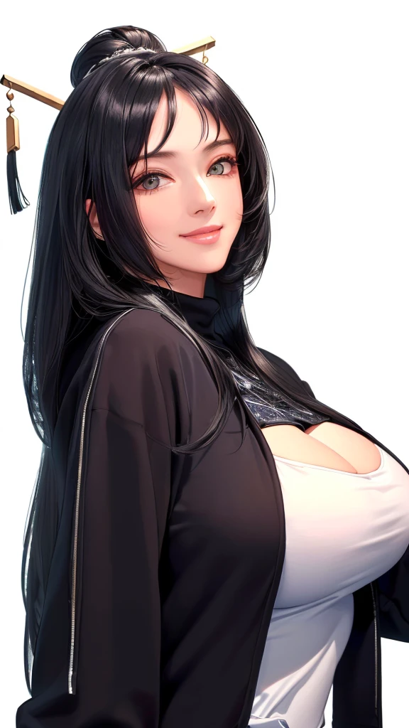 (((Perfect body,(((ruanmei fashion , winter ruanmei fashion,dress,Sweatshirt Jacket))),(((Black long hair))),((masterpiece)),high resolution, ((Best quality at best)),masterpiece,quality,Best quality,((( Exquisite facial features,Looking at the audience,There is light in the eyes,Smile))),))),(((Light and shadow,Big breasts,))),(((Looking at the camera,White background,))))