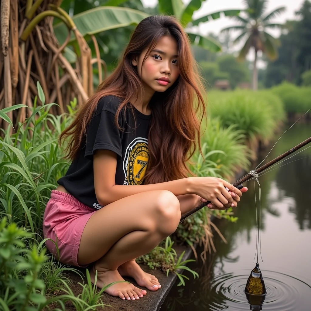 a Papuan girl, long black hair, beautiful detailed eyes, beautiful detailed lips, extremely detailed face, longeyelashes, (wearing a black t-shirt, pink shorts:1.22), (squatting on the edge of a fish pond, fishing:1.25), wild grass on the edge of the pond, banana trees in the background, (best quality,4k,8k,highres,masterpiece:1.2),ultra-detailed,(realistic,photorealistic,photo-realistic:1.37),portrait,landscape,vibrant colors,natural lighting,environmental portrait
S