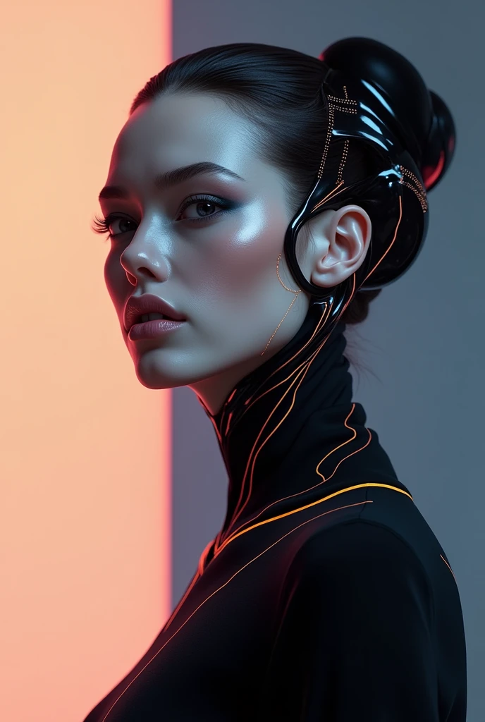 Create a logo for "Roya Glam," a modeling agency specializing in AI models. The design should seamlessly blend elements representing both human and AI models. Incorporate sleek, modern aesthetics that reflect sophistication and innovation. Consider using abstract or geometric shapes to symbolize the fusion of human beauty and advanced technology, with a color palette that exudes elegance and futuristic vibes. The logo should capture the essence of cutting-edge fashion and the seamless integration of AI in the modeling industry