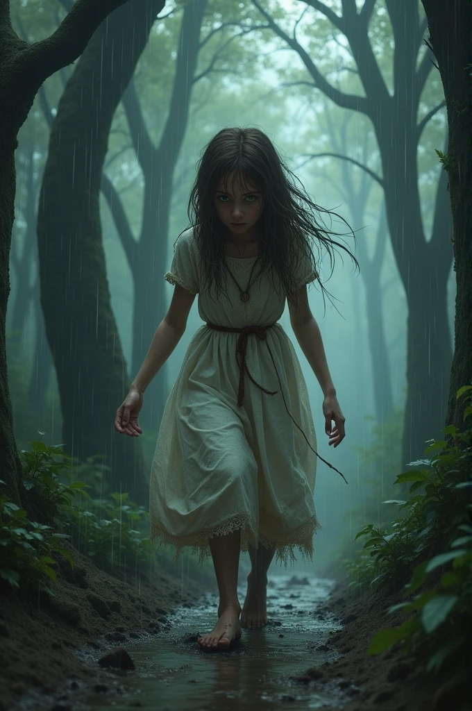 The girl stumbles through the dense forest, the towering trees casting ominous shadows. Rain pours down, soaking her to the
bone as she searches desperately for a way out.girl stumbling, dark forest, night, heavy rain, tall trees, shadows, soaked,
desperation, muddy ground, heavy breathing.2, girl, long brown hair, wet from rain, green eyes, pale skin, muddy,
torn white dress, barefoot, exhausted,