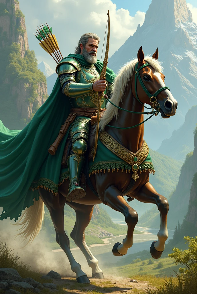 Knight in green armor and bow on horseback