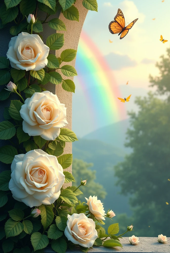 White Roses flower on wall with butterfly and rainbow scenery