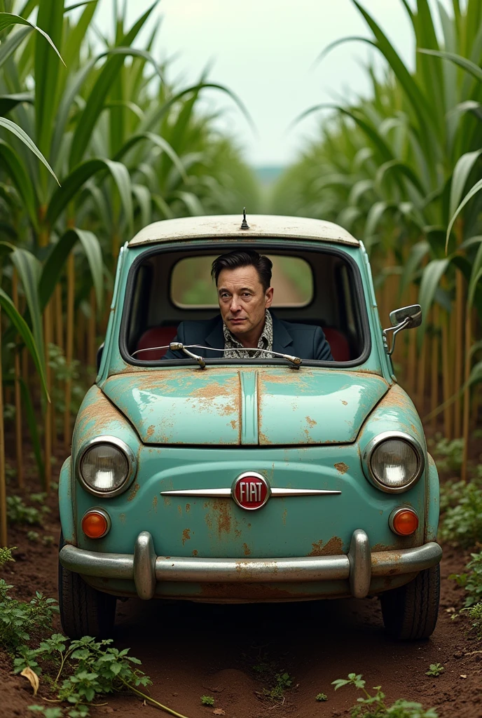 Make Elon Musk inside a Fiat Uno inside a sugarcane field in Mato Grosso, in Brazil