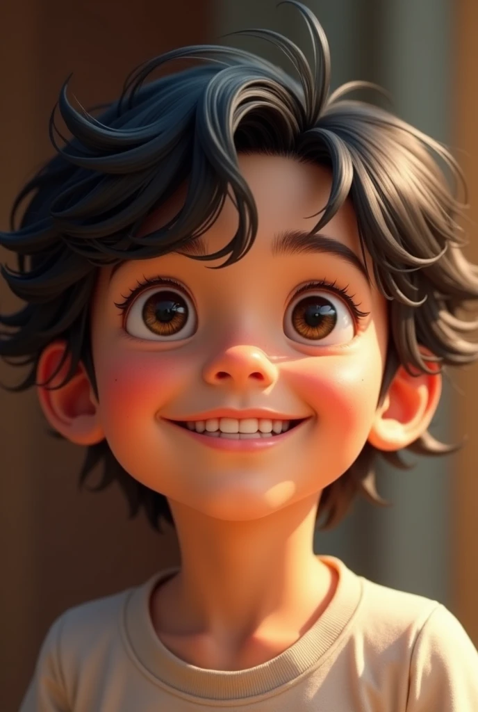 child, male. He is happy and has a sparkle in his eyes. White with black hair. Realistic with a real child's face