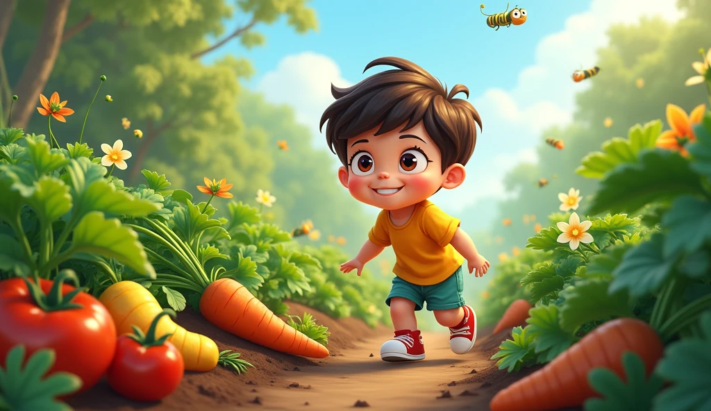 a cartoon ??? walk on garden fill with vegetable