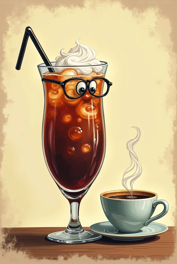 Glass of soda drinking coffee, caricature type, that looks a little vintage