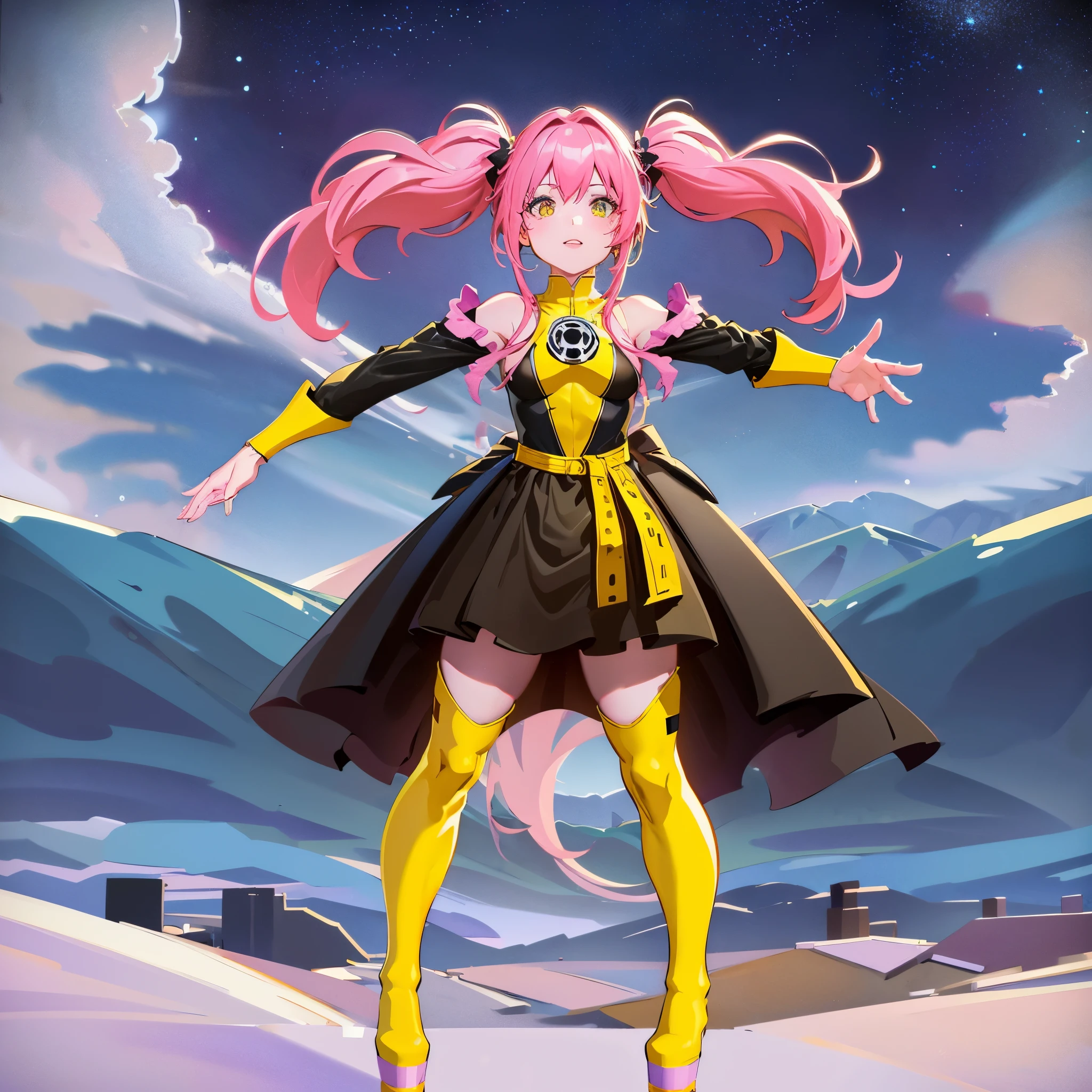 1girl, solo, yellow costume, yellow lantern, long hair, pink hair, frilly skirt, thigh-high socks, platform boots, cute pose, starry night background, (best quality, 4k, 8k, highres, masterpiece:1.2), ultra-detailed,, HDR, studio lighting, professional, vivid colors, ethereal, whimsical, fantasy, concept art