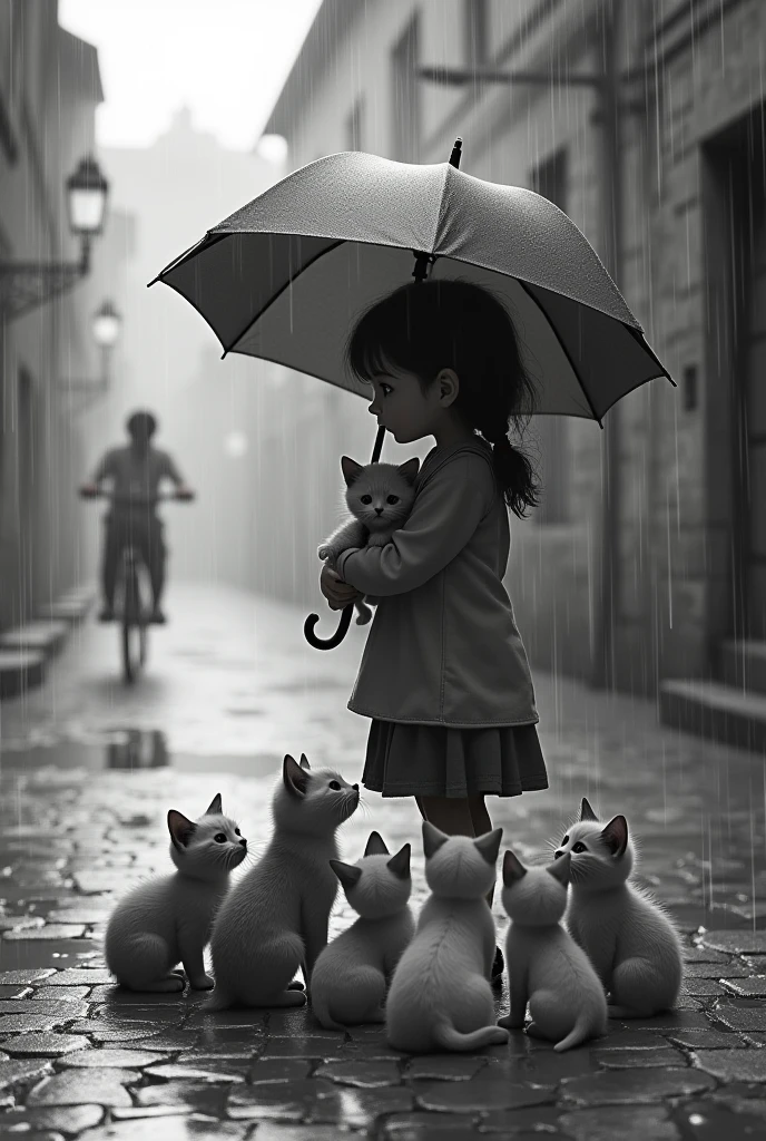 Create a heartwarming, grayscale scene set on a rainy day in a quiet, cobblestone alley. The central figure is a young girl holding an umbrella, shielding herself and a small kitten in her arms from the rain. At her feet, several more kittens huddle together, some looking up at her, while others sit patiently, seemingly trusting in her care. The rain falls gently, creating a soft, reflective surface on the ground, and the background features an old stone building, adding a sense of timelessness. A person rides a bicycle in the distance, adding a subtle touch of life to the peaceful, almost nostalgic atmosphere of the scene."
This prompt captures the touching and serene mood of the image.
Is this conversation helpful so far?
ChatGPT can make mistakes. Check important inf