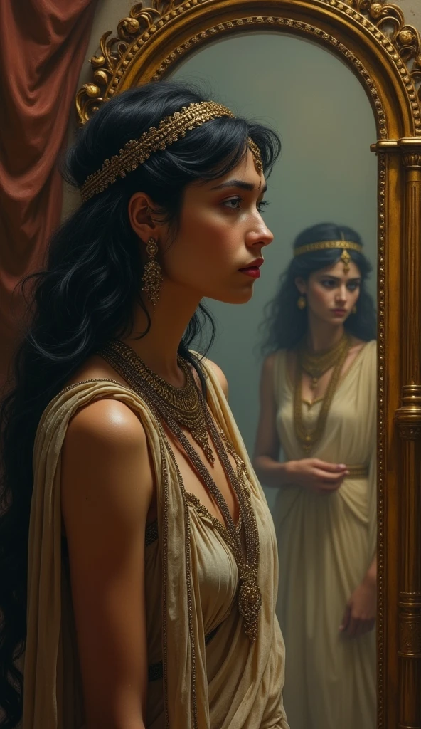 A dramatic scene of Cleopatra looking into a mirror, with Julius Caesar and Mark Antony faintly visible behind her as if she’s haunted by her choices..Make it historical images looks
