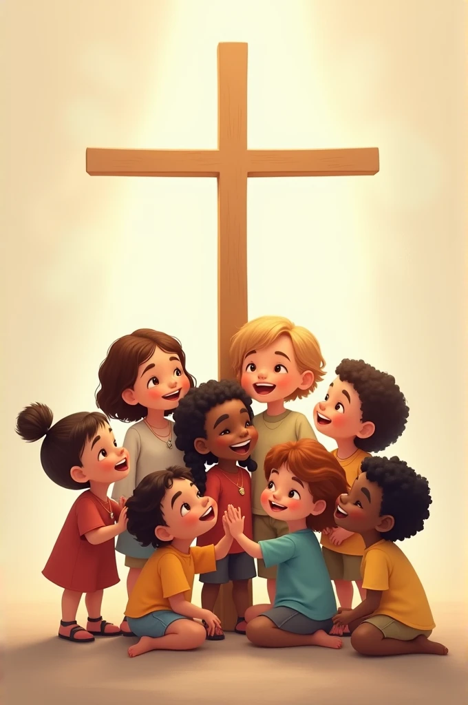 Image with a very light background, a representation of the cross at the top and children of different colors looking at the cross, happy background
