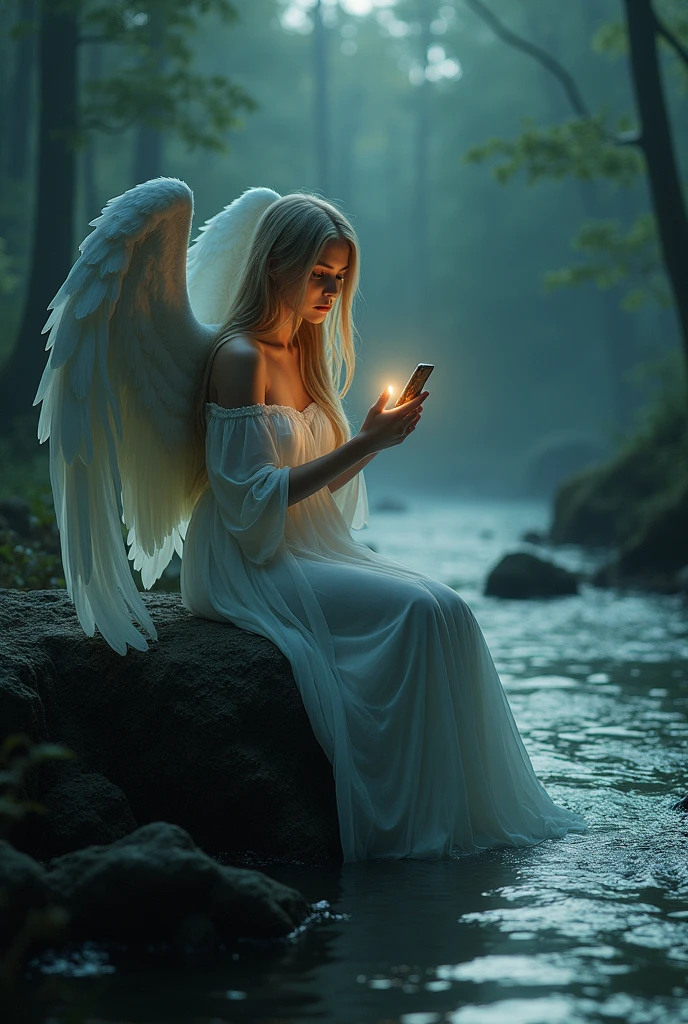 A captivating hiperealistic gothic atmosphere featuring a beautiful angel with very imposing wings closed over her head, long straight blonde hair, very long legs. Her strikingly clear eyes and gorgeous lips reflect an ethereal quality as she sits on a rugged rock by a serene river, the long veils of his dress falling from his legs until he dives into the water carried by the current. The scene is illuminated solely by the soft glow of her iPhone, casting a mystical light that highlights her delicate features and the surrounding dark, moody landscape. The river glimmers subtly in the background, enhancing the enchanting yet melancholic, (((view in front of her)))