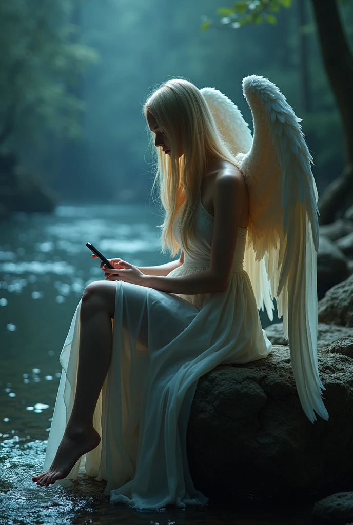 A captivating hiperealistic gothic atmosphere featuring a beautiful angel with very imposing wings closed over her head, long straight blonde hair, very long legs. Her strikingly clear eyes and gorgeous lips reflect an ethereal quality as she sits on a rugged rock by a serene river, the long veils of his dress falling from his legs until he dives into the water carried by the current. The scene is illuminated solely by the soft glow of her iPhone, casting a mystical light that highlights her delicate features and the surrounding dark, moody landscape. The river glimmers subtly in the background, enhancing the enchanting yet melancholic, (((view in front of her)))