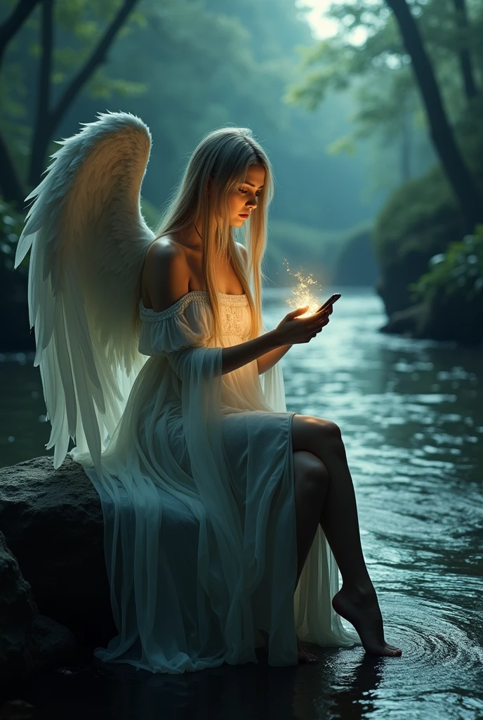 A captivating hiperealistic gothic atmosphere featuring a beautiful angel with very imposing wings closed over her head, long straight blonde hair, very long legs. Her strikingly clear eyes and gorgeous lips reflect an ethereal quality as she sits on a rugged rock by a serene river, the long veils of his dress falling from his legs until he dives into the water carried by the current. The scene is illuminated solely by the soft glow of her iPhone, casting a mystical light that highlights her delicate features and the surrounding dark, moody landscape. The river glimmers subtly in the background, enhancing the enchanting yet melancholic, (((view in front of her)))