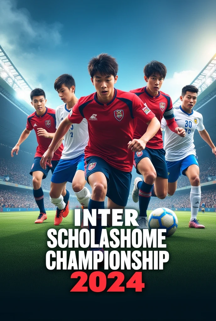 Make a poster about a Football tournament which is coming in future
Title: Inter Scholarshome Championship 2024
(Coming soon)
Use football stadiums and players as background (only boys)
Make premium poster
