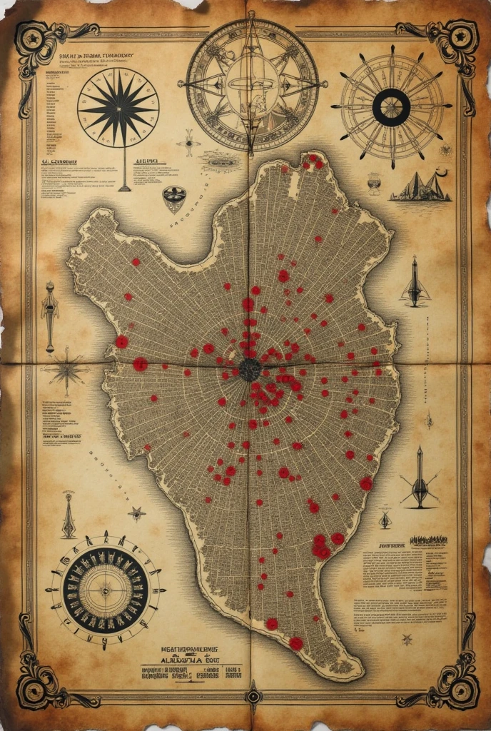 A detailed map of ancient Alexandria with red dots indicating places of interest. Around the map, scribbled notes and esoteric symbols should suggest a hidden connection between different locations.