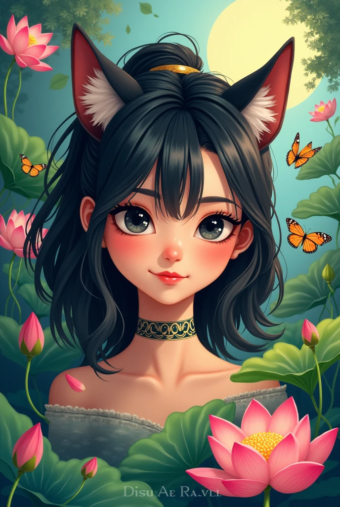 She is a girl who likes nature, she likes free style and aesthetics. She style is fierce. She symbolizes a woman with a high IQ and of course she is beautiful, with black eyes . Make it in animated form There is always a lotus flower that she likes. And he likes butterflies and wolves too. He likes it in the house
