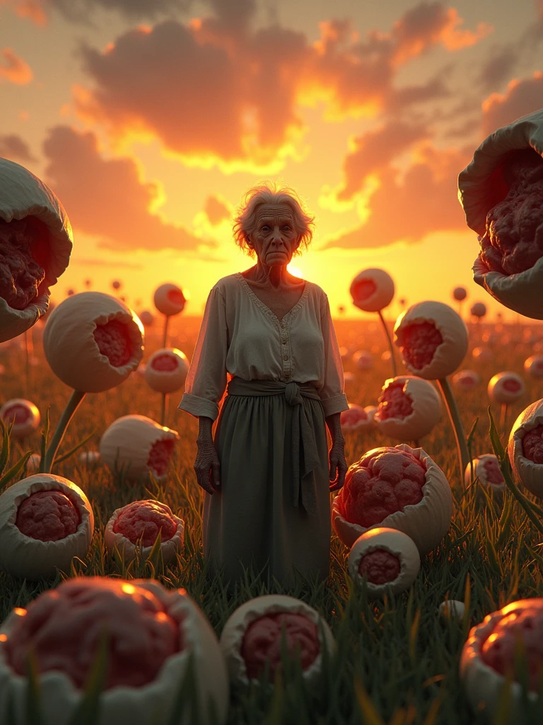 an old woman in the middle of a crop with plants with spherical  shapes open  with meat inside, sunset