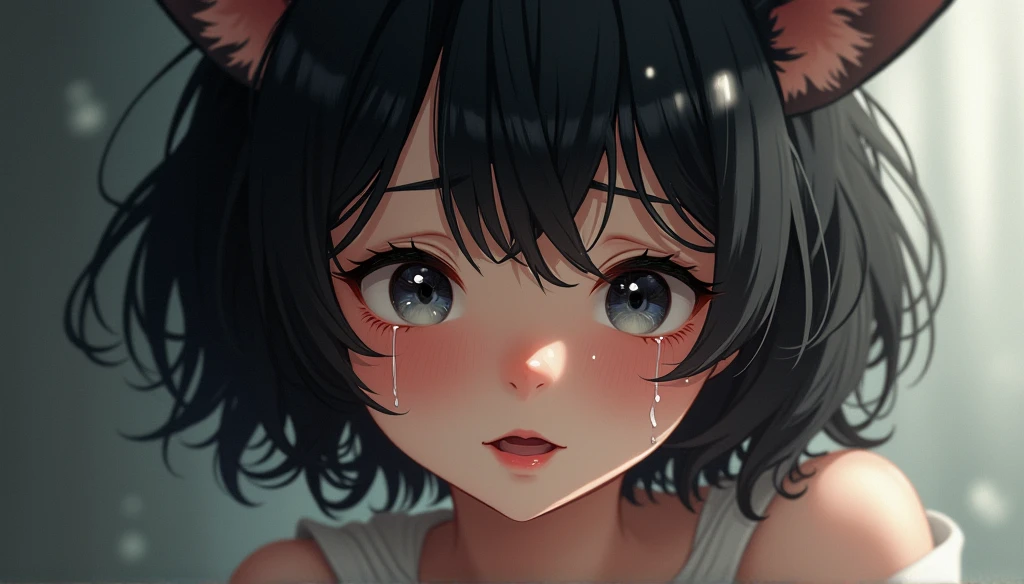 A beautiful girl with short black hair and cat ears is crying、Smile with gratitude