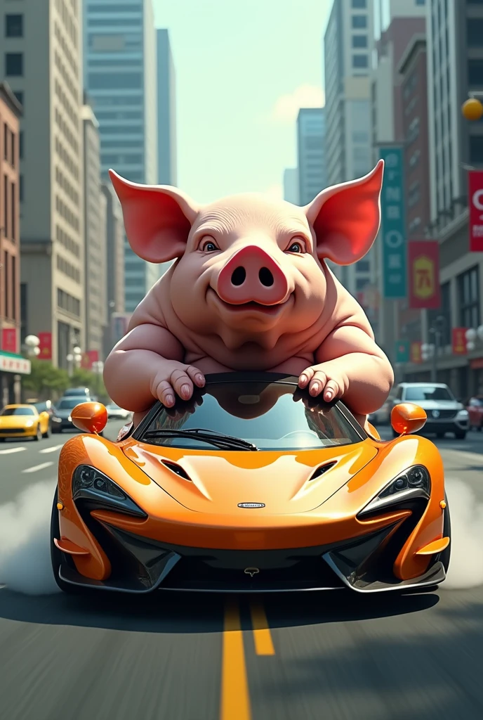 Make a giant pig ride a very sporty car through the city streets.
